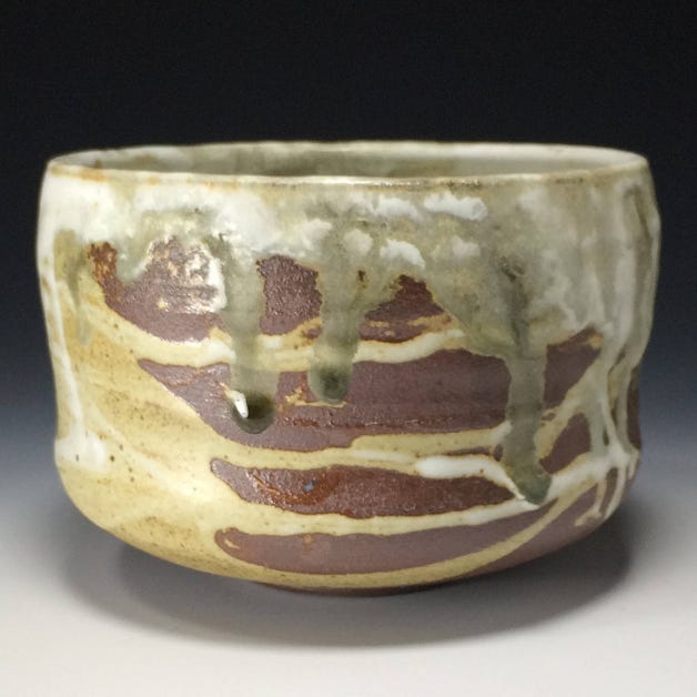 Mountains. Landscapes. Streaming glazes searching along side valleys and emeralds.  An opaque white glaze covers this chocolate clay body landscape. You'll see many things and wonder. Balanced with a short foot, your fingers will fit comfortably underneath.  Unless otherwise noted, all stoneware and porcelain is food safe, dishwasher safe, microwave save. Hand washing recommended.  All work is hand made by me and I welcome any questions or comments via Etsy's contact or fergyart [!at] gmail.com When you purchase my work, you're paying our rent, food, clothing, dance classes for our children, books, materials, supplies, etc. Thank you.