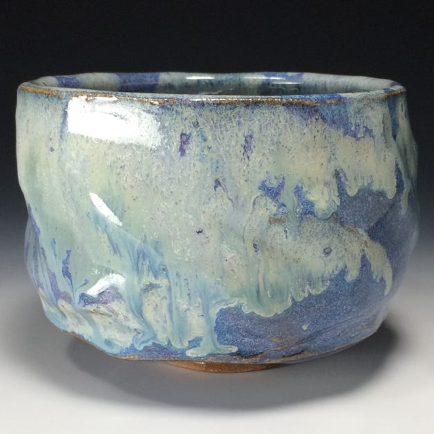 Another stormy Monetian Neptune. Azurine, greens, deep lavenders and hint of pink. An amazing painting fused with a faceted shaped chawan. Can't stop rotating this in my hands. Much to see and feel.  Unless otherwise noted, all stoneware and porcelain is food safe, dishwasher safe, microwave save. Hand washing recommended.